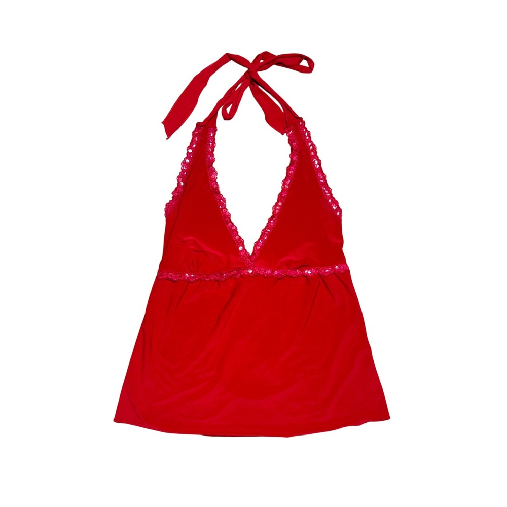 Cressong Red Sequin Lace Trim Halter Top